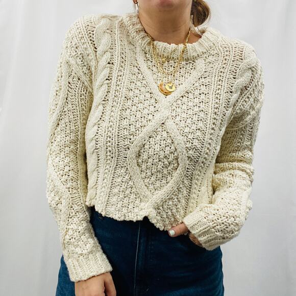 Free People XS ivory white cable knit distressed hem sweater - Picture 6 of 6